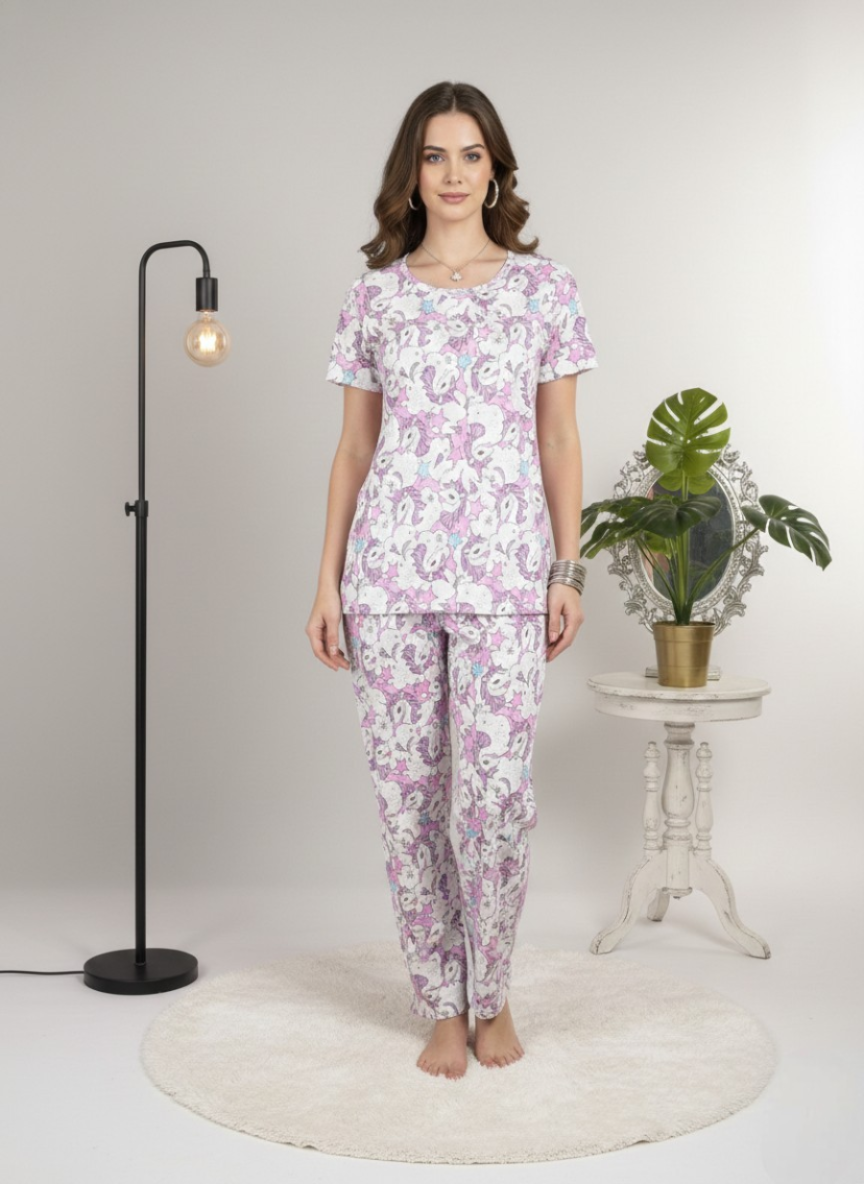 Women’s Pink Floral Cotton Night Suit – Stylish Printed Pajama Set | Soft & Cozy Sleepwear