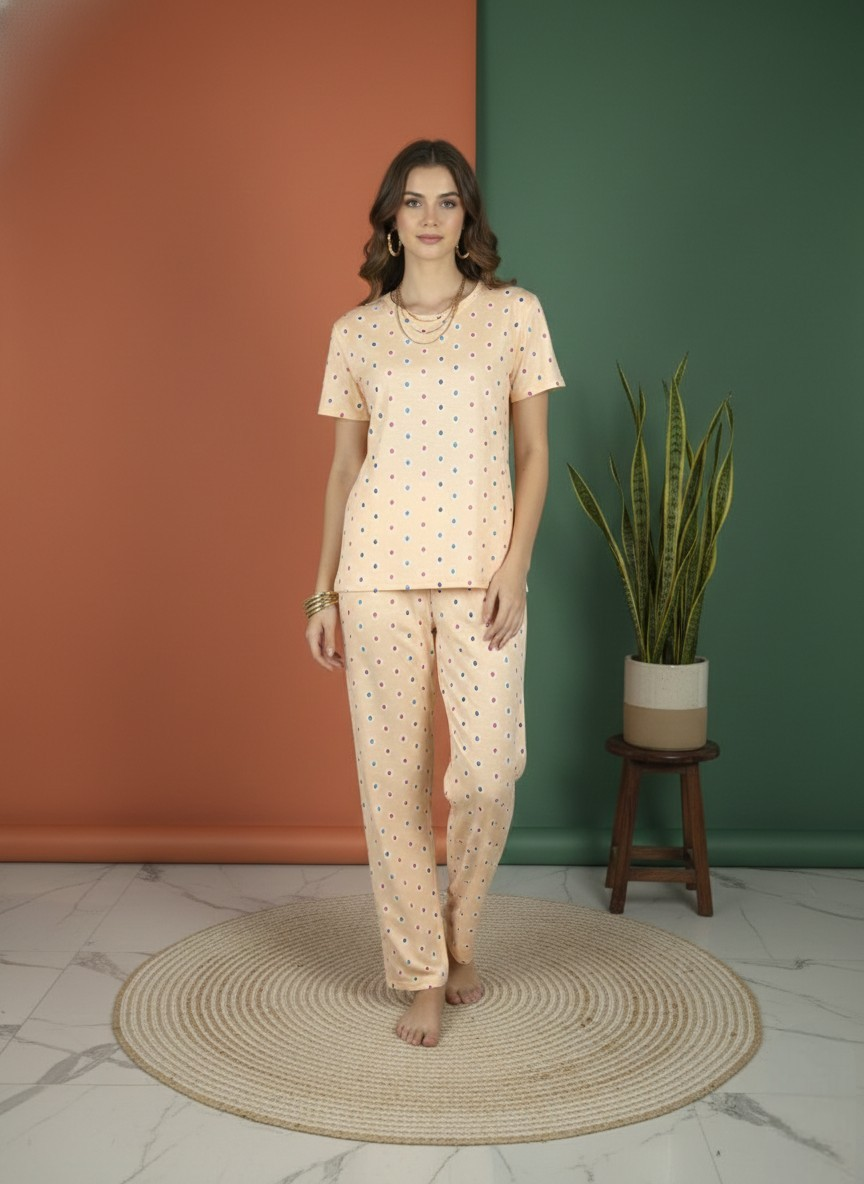 Women’s Beige Polka Dot Cotton Night Suit – Soft Short Sleeve Top & Pajama Set | Daily Comfort Sleepwear