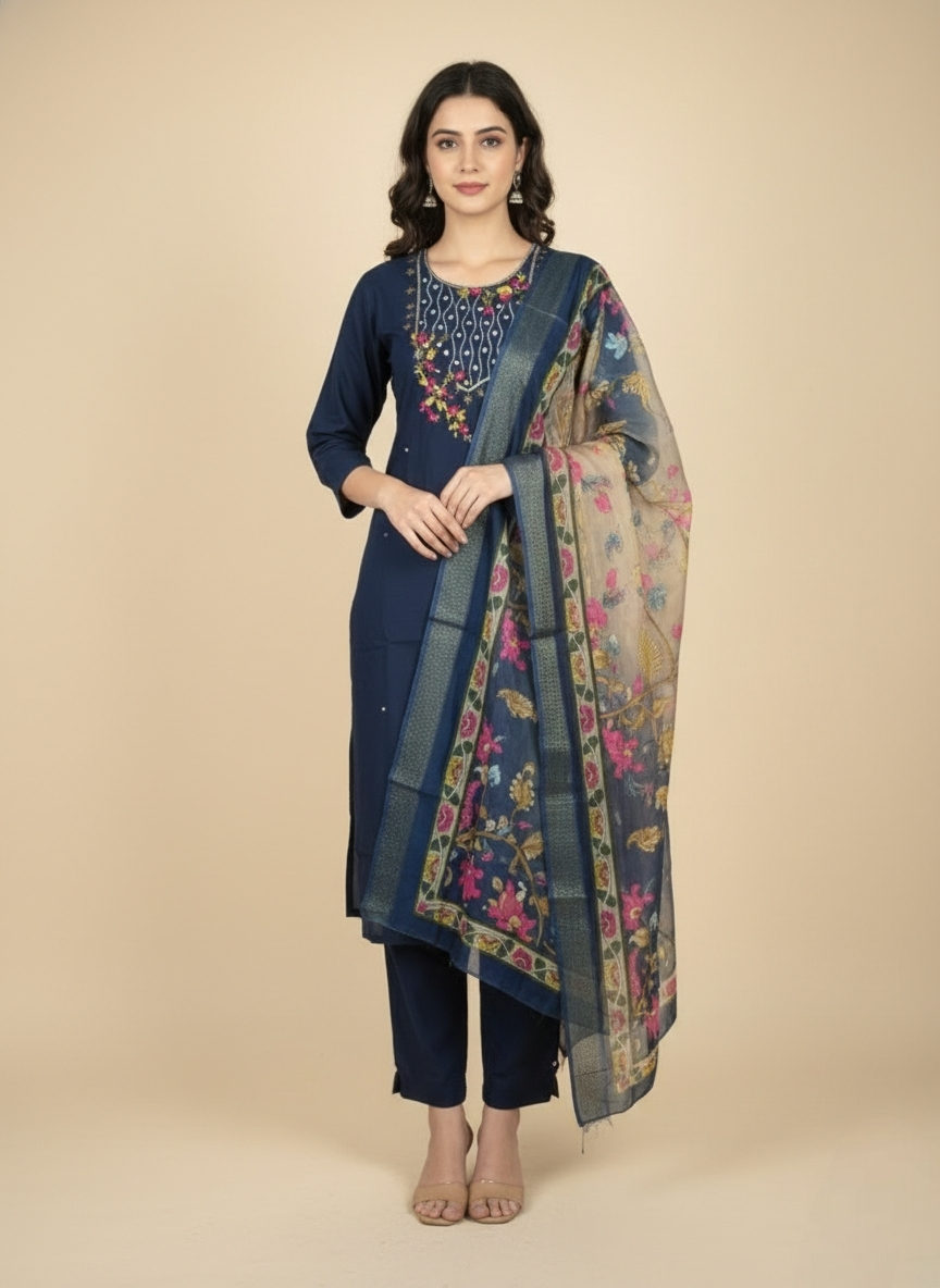 Navy Blue Floral Embroidered Kurti Pant Set with Designer Dupatta