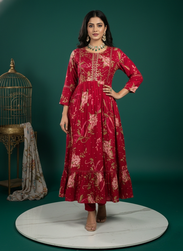 Red Floral Printed Festive Kurti – Elegant Party & Occasion Wear