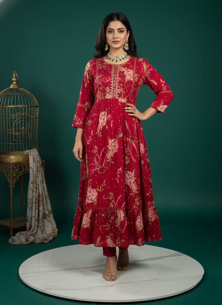 Red Floral Printed Festive Kurti – Elegant Party & Occasion Wear