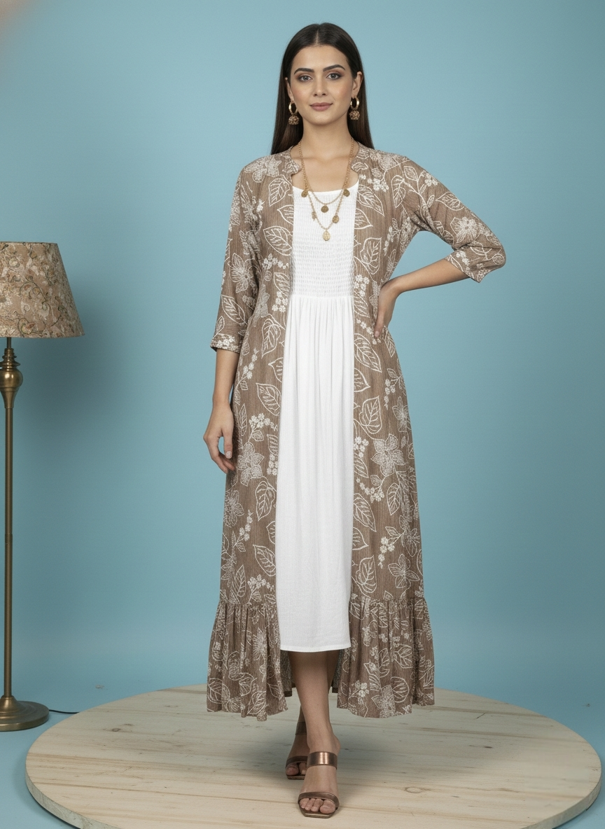 White Straight Kurti with Printed Long Shrug Jacket – Indo-Western Daily Wear