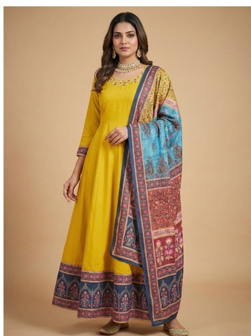Mustard Yellow Anarkali Kurti Set with Printed Dupatta – Festive Ethnic Wear for Women