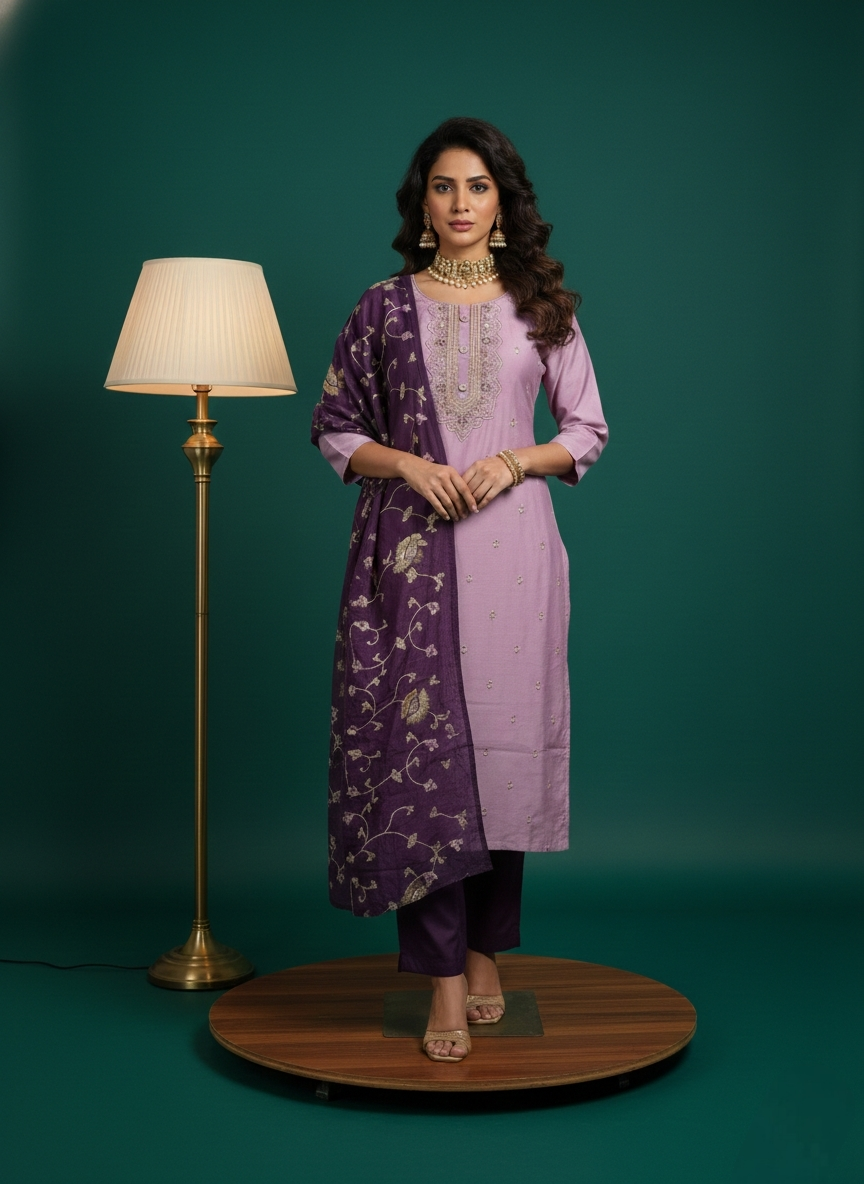 Lavender Purple Festive Kurti Pant Set with Jacquard Dupatta