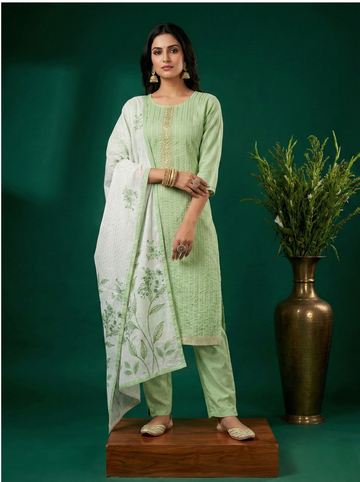 Pastel Green Embroidered Kurti Pant Set with Printed Dupatta