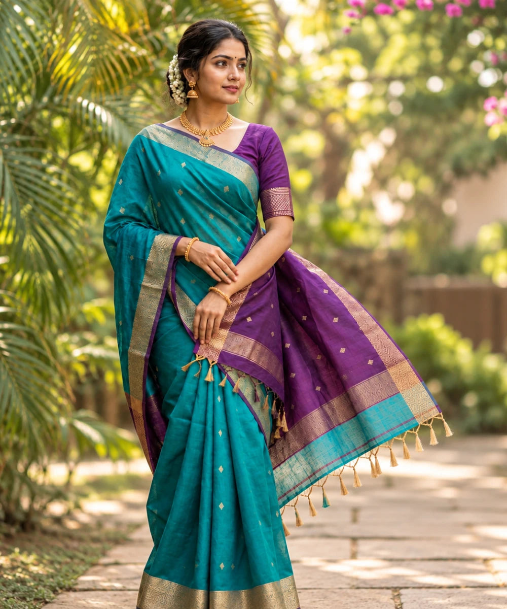 Nayanthara Inspired Silk Cotton Saree with Tasar Zari Diamond Border