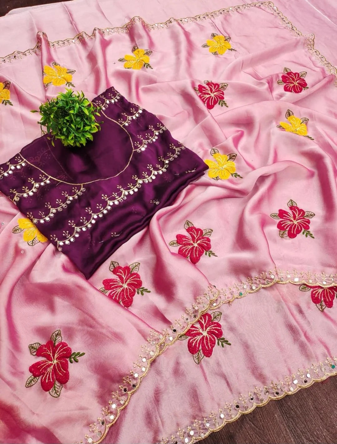 Gulnaar Rangoli Silk Saree with Floral Embroidery & Mirror Work