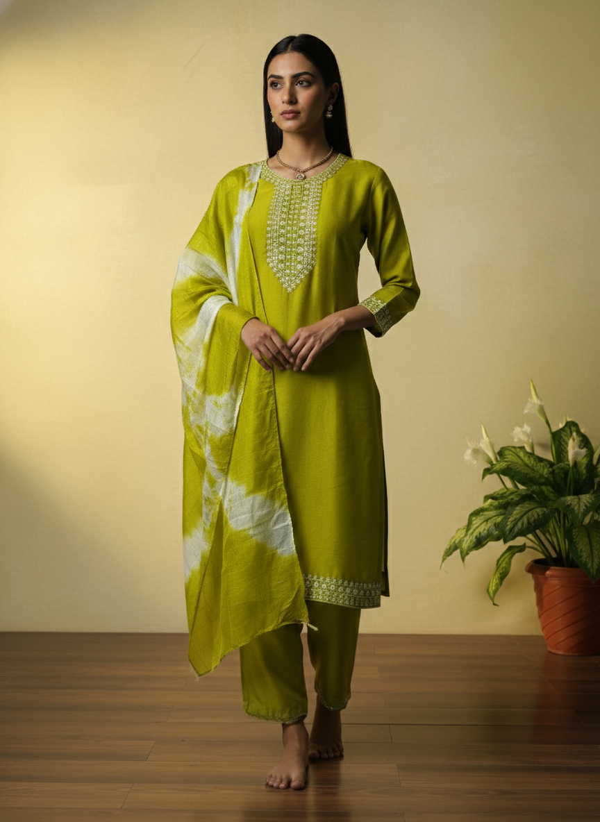 Parrot Green Embroidered Kurti Set with Dupatta – Elegant Ethnic Wear