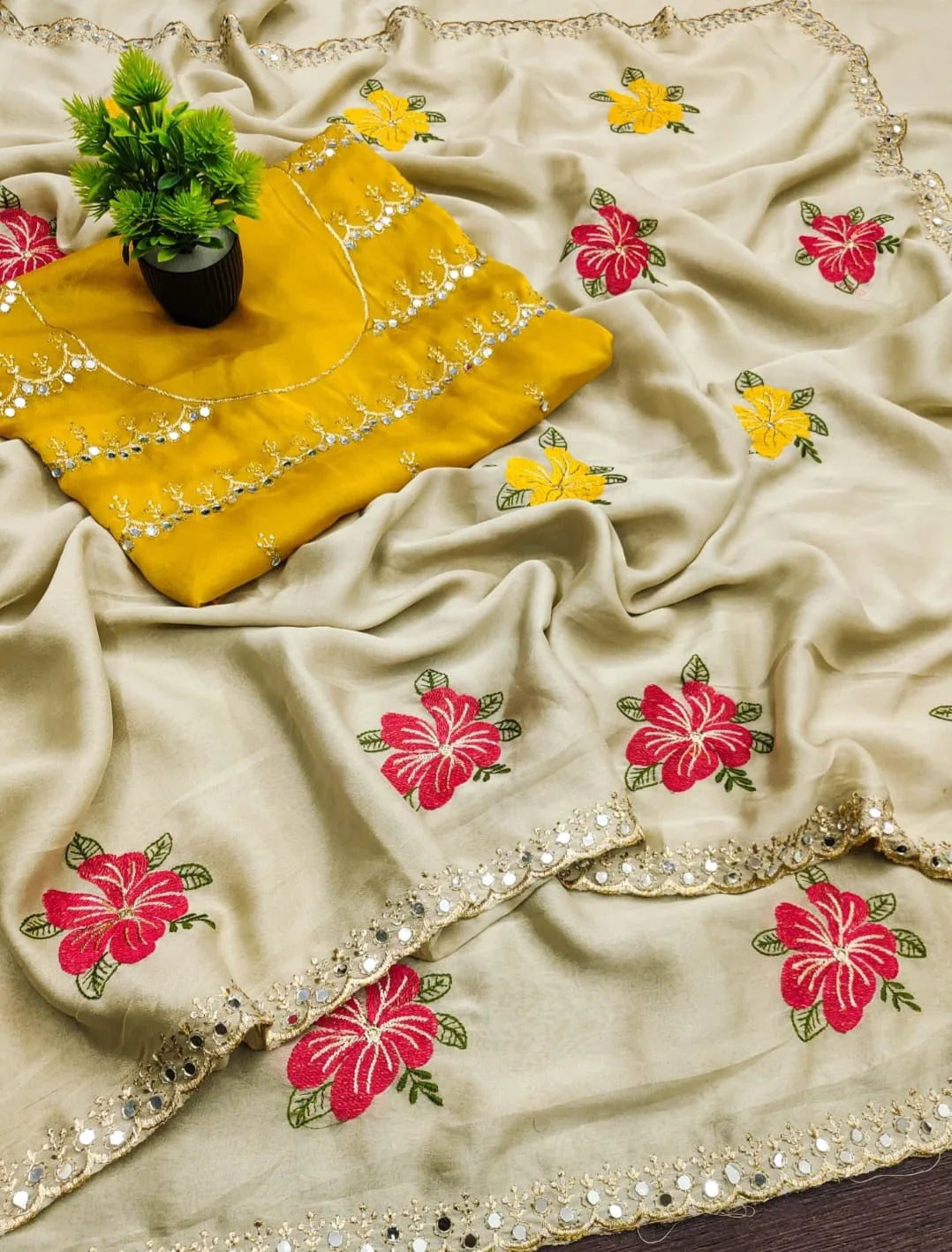Gulnaar Rangoli Silk Saree with Floral Embroidery & Mirror Work