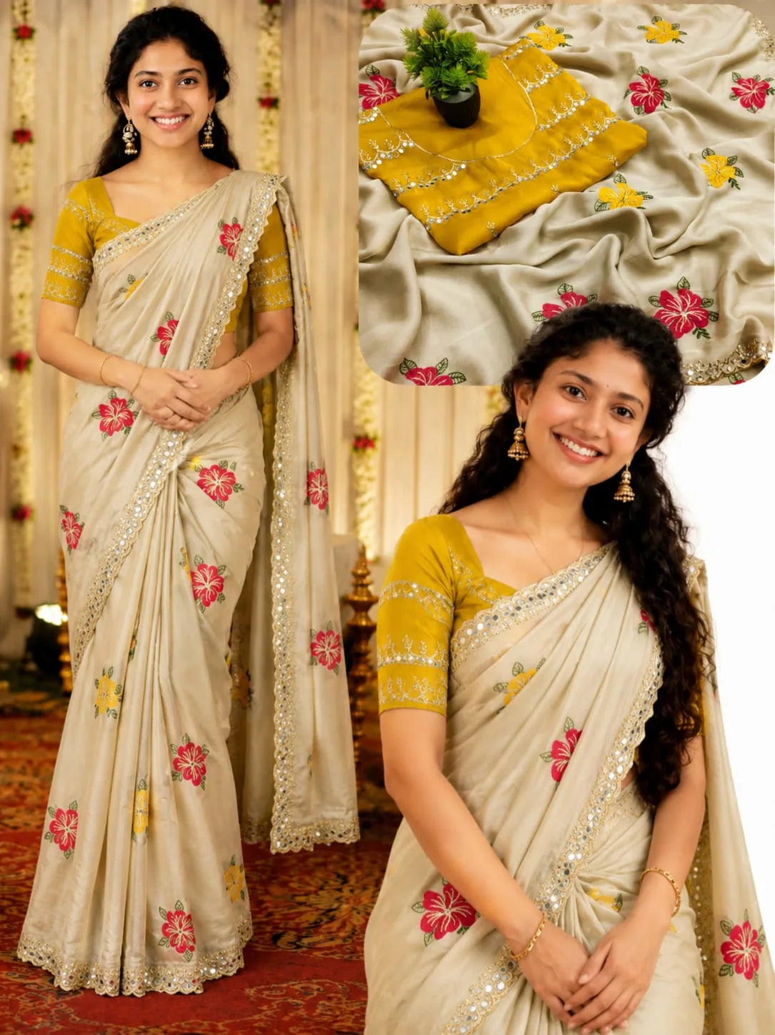 Gulnaar Rangoli Silk Saree with Floral Embroidery & Mirror Work