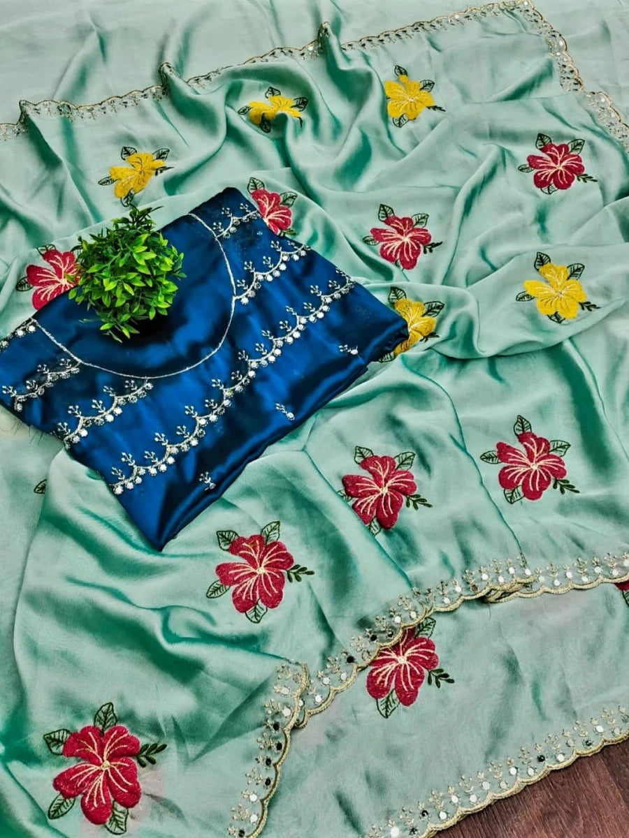 Gulnaar Rangoli Silk Saree with Floral Embroidery & Mirror Work