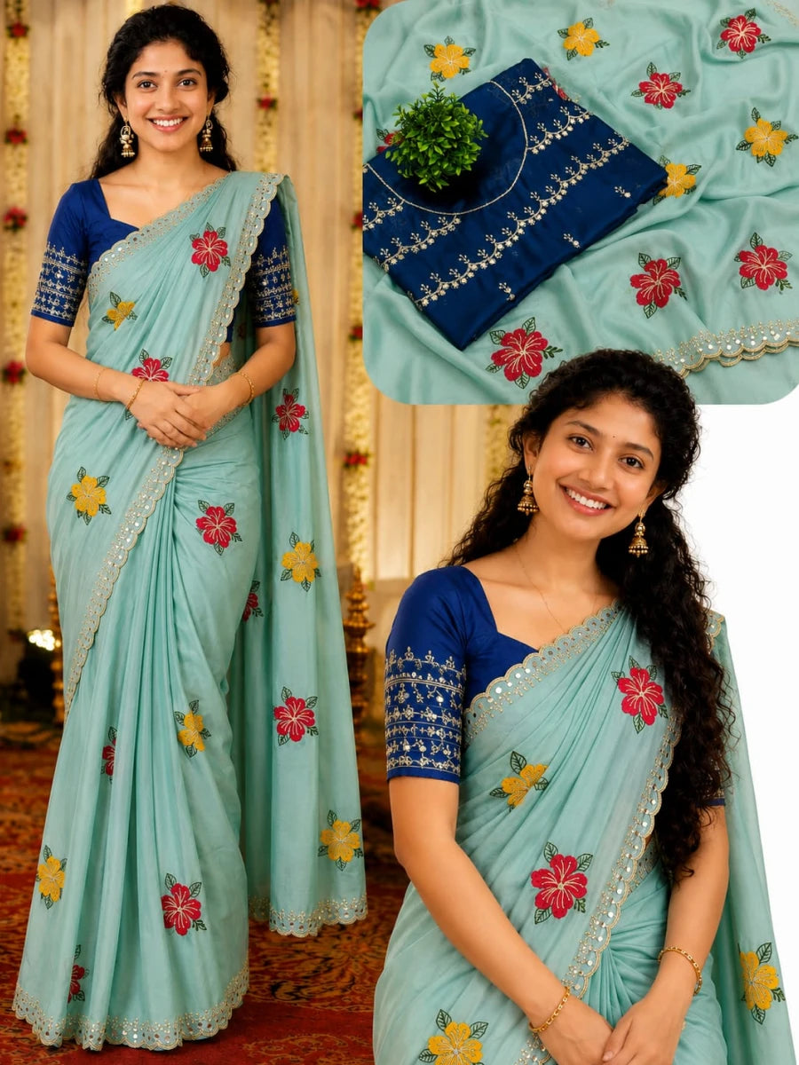 Gulnaar Rangoli Silk Saree with Floral Embroidery & Mirror Work