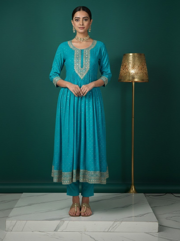 Sky Blue Embroidered Straight Kurti
