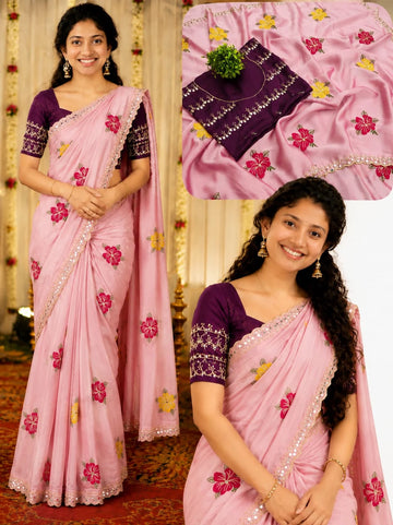 Gulnaar Rangoli Silk Saree with Floral Embroidery & Mirror Work
