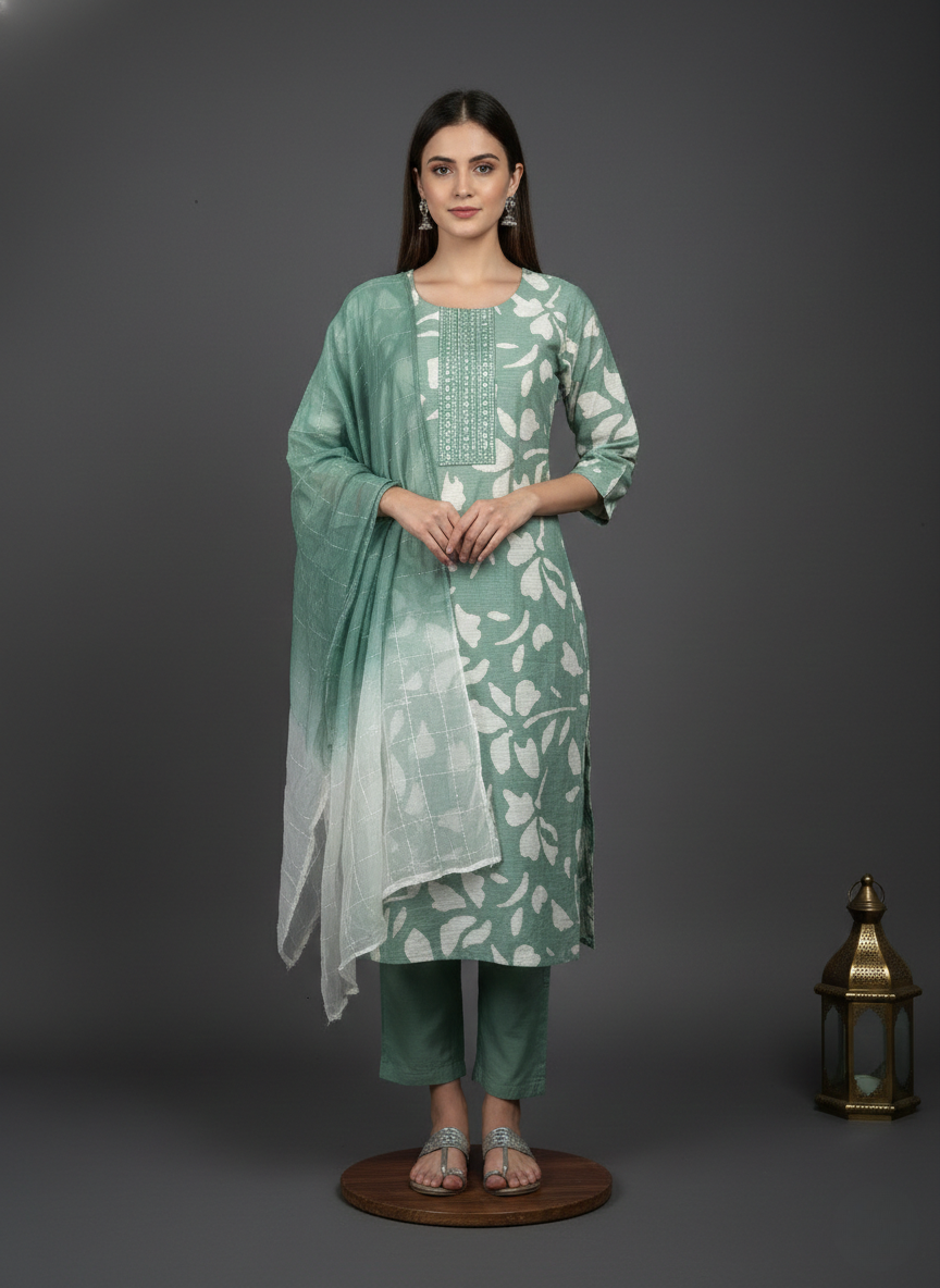 Sage Green Printed Kurta Set with Dupatta – Elegant Daily & Festive Wear