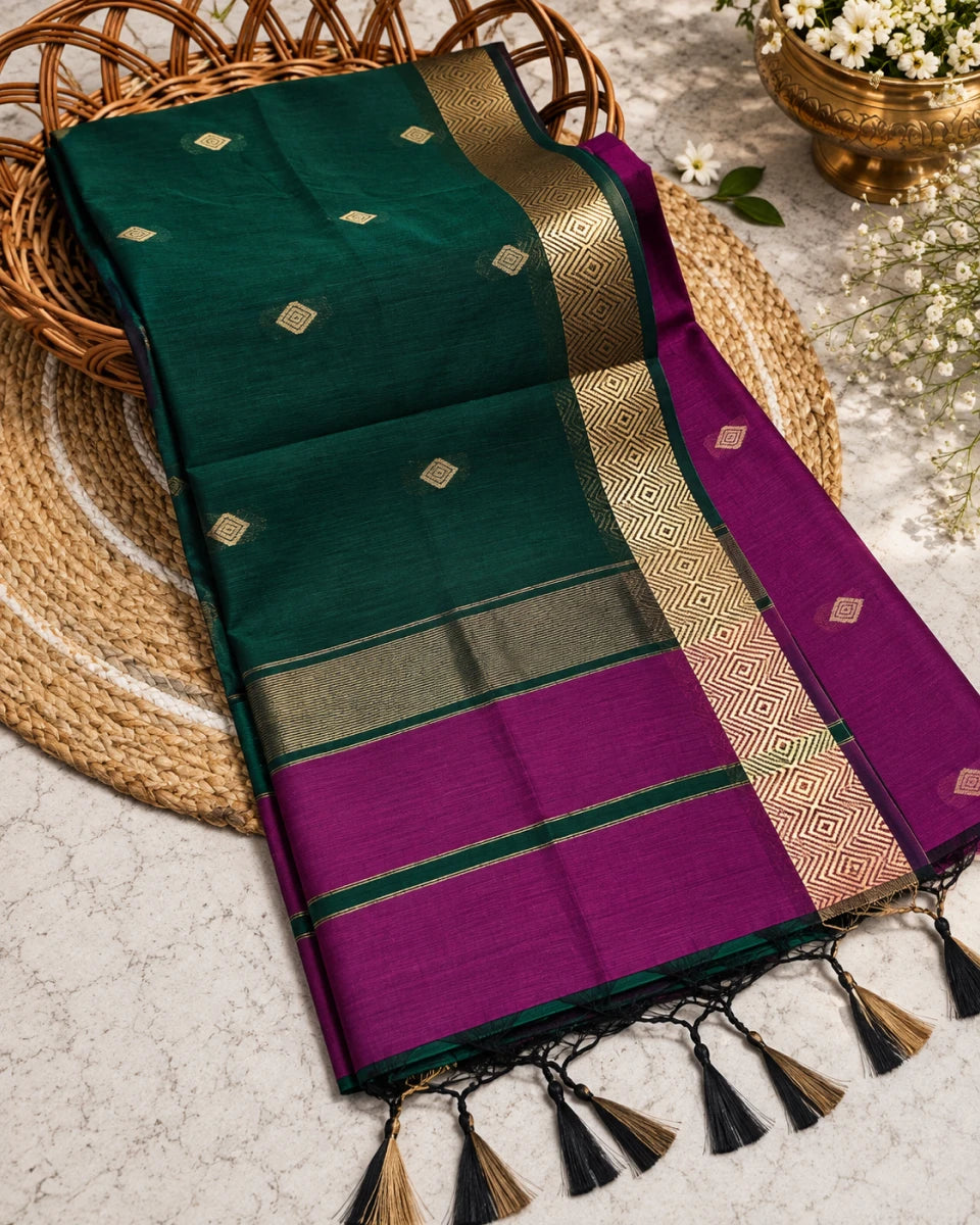 Nayanthara Inspired Silk Cotton Saree with Tasar Zari Diamond Border