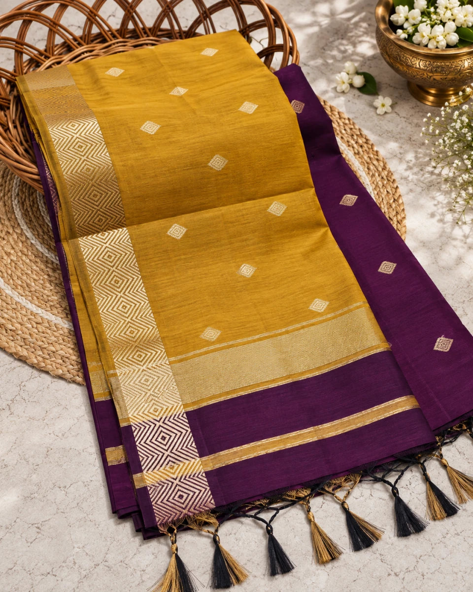 Nayanthara Inspired Silk Cotton Saree with Tasar Zari Diamond Border
