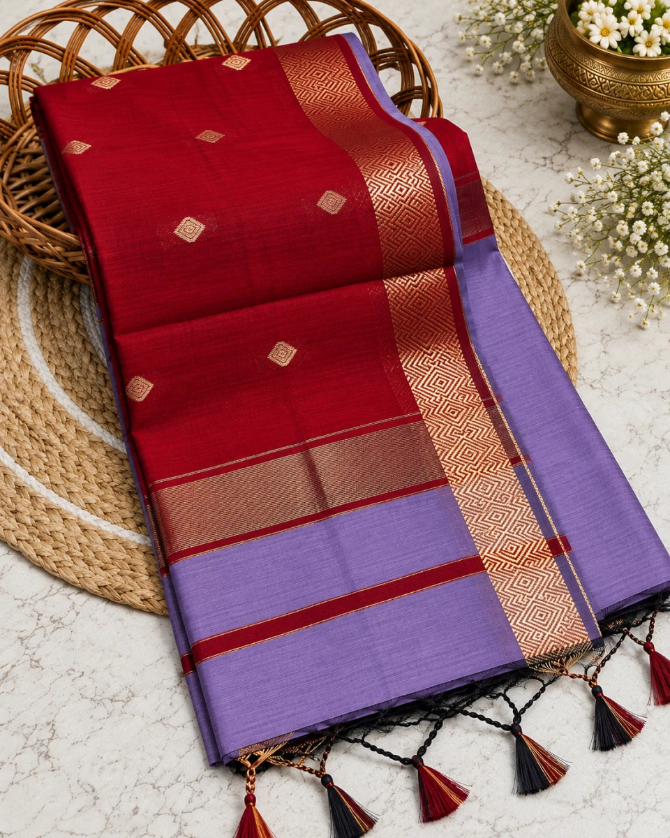 Nayanthara Inspired Silk Cotton Saree with Tasar Zari Diamond Border