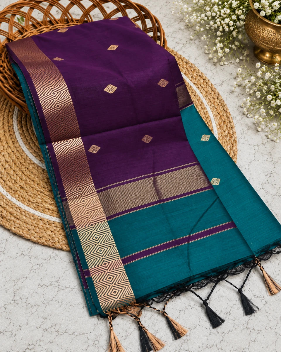 Nayanthara Inspired Silk Cotton Saree with Tasar Zari Diamond Border