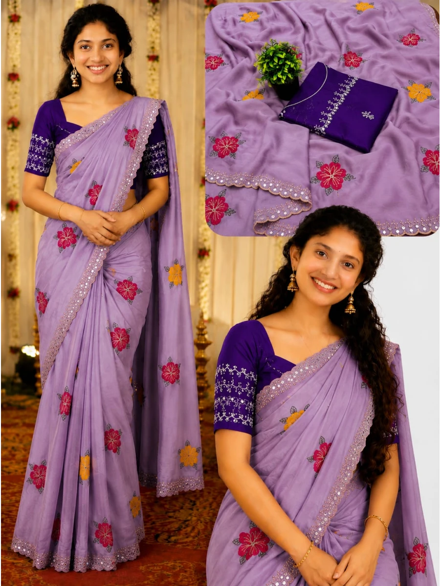 Gulnaar Rangoli Silk Saree with Floral Embroidery & Mirror Work