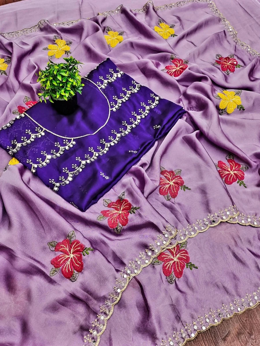 Gulnaar Rangoli Silk Saree with Floral Embroidery & Mirror Work