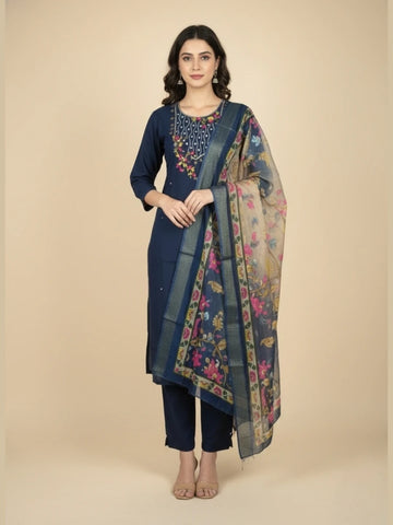 Navy Blue Floral Embroidered Kurti Pant Set with Designer Dupatta