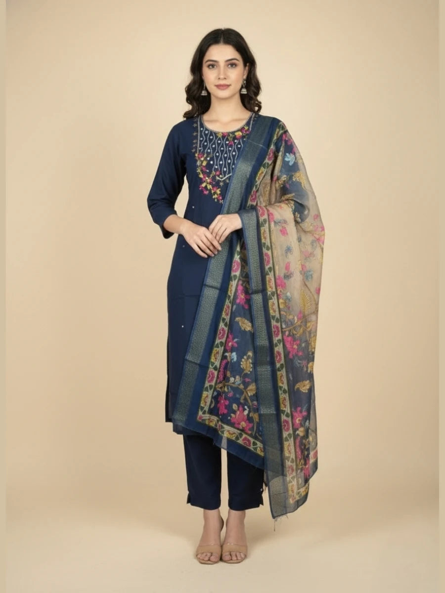 Navy Blue Floral Embroidered Kurti Pant Set with Designer Dupatta