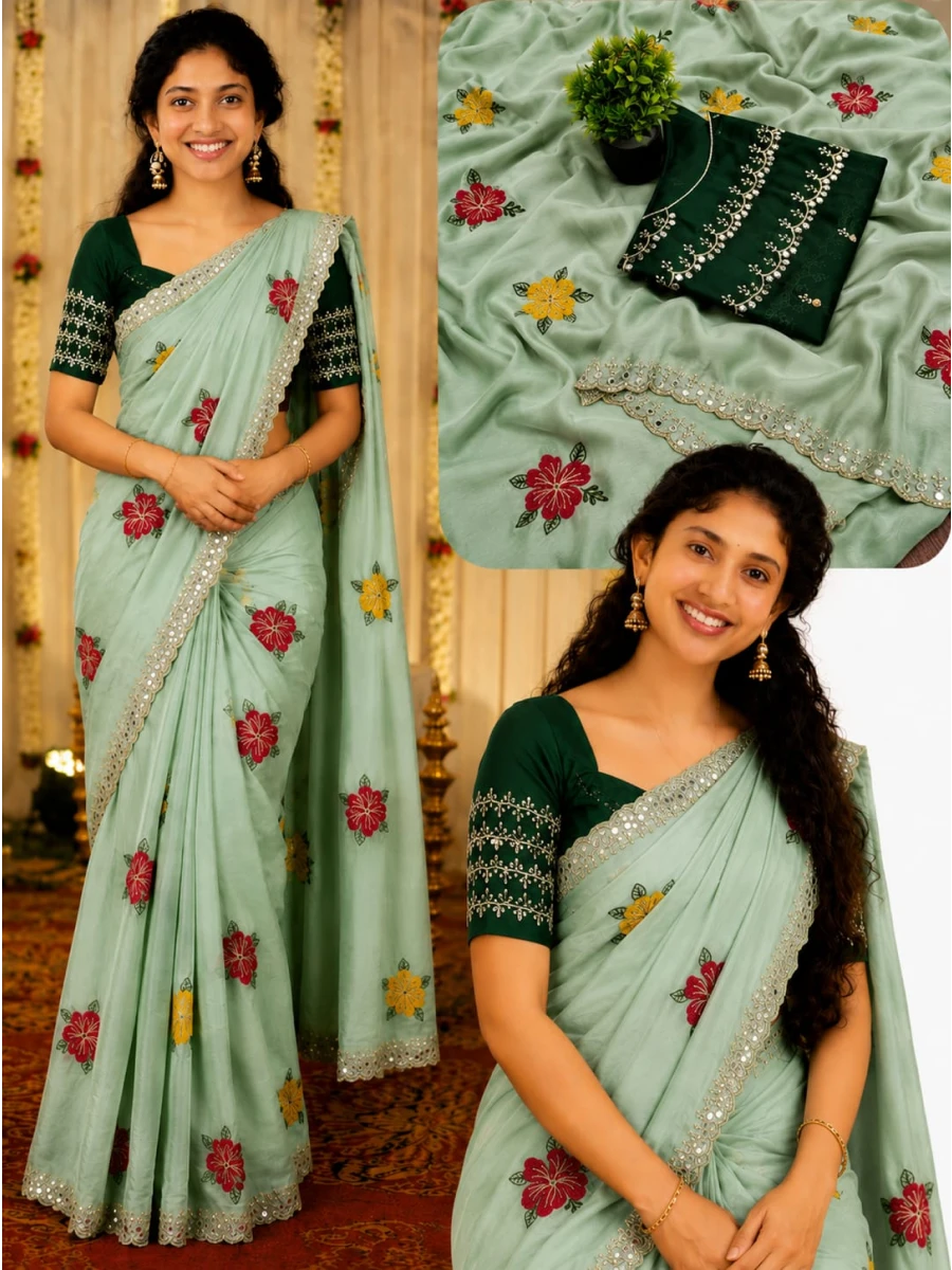 Gulnaar Rangoli Silk Saree with Floral Embroidery & Mirror Work