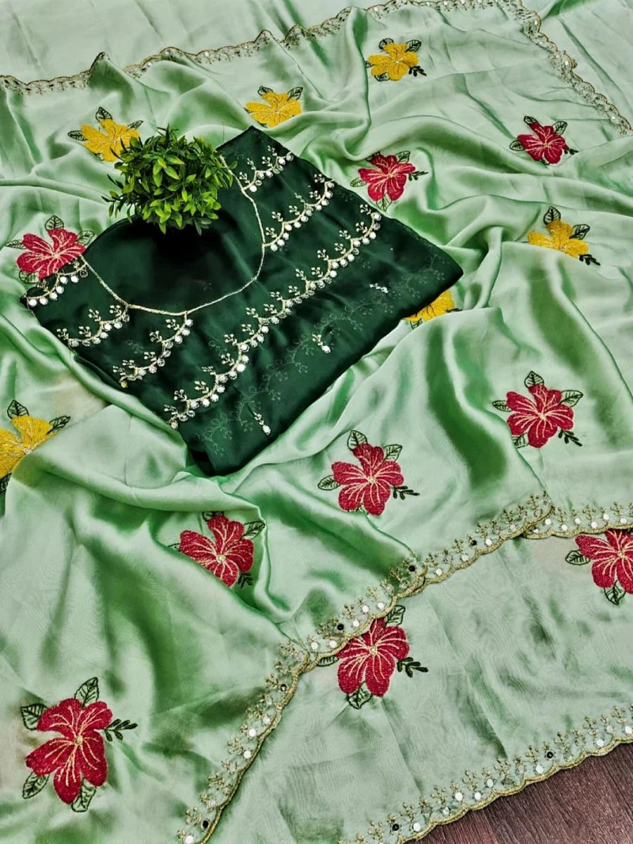 Gulnaar Rangoli Silk Saree with Floral Embroidery & Mirror Work
