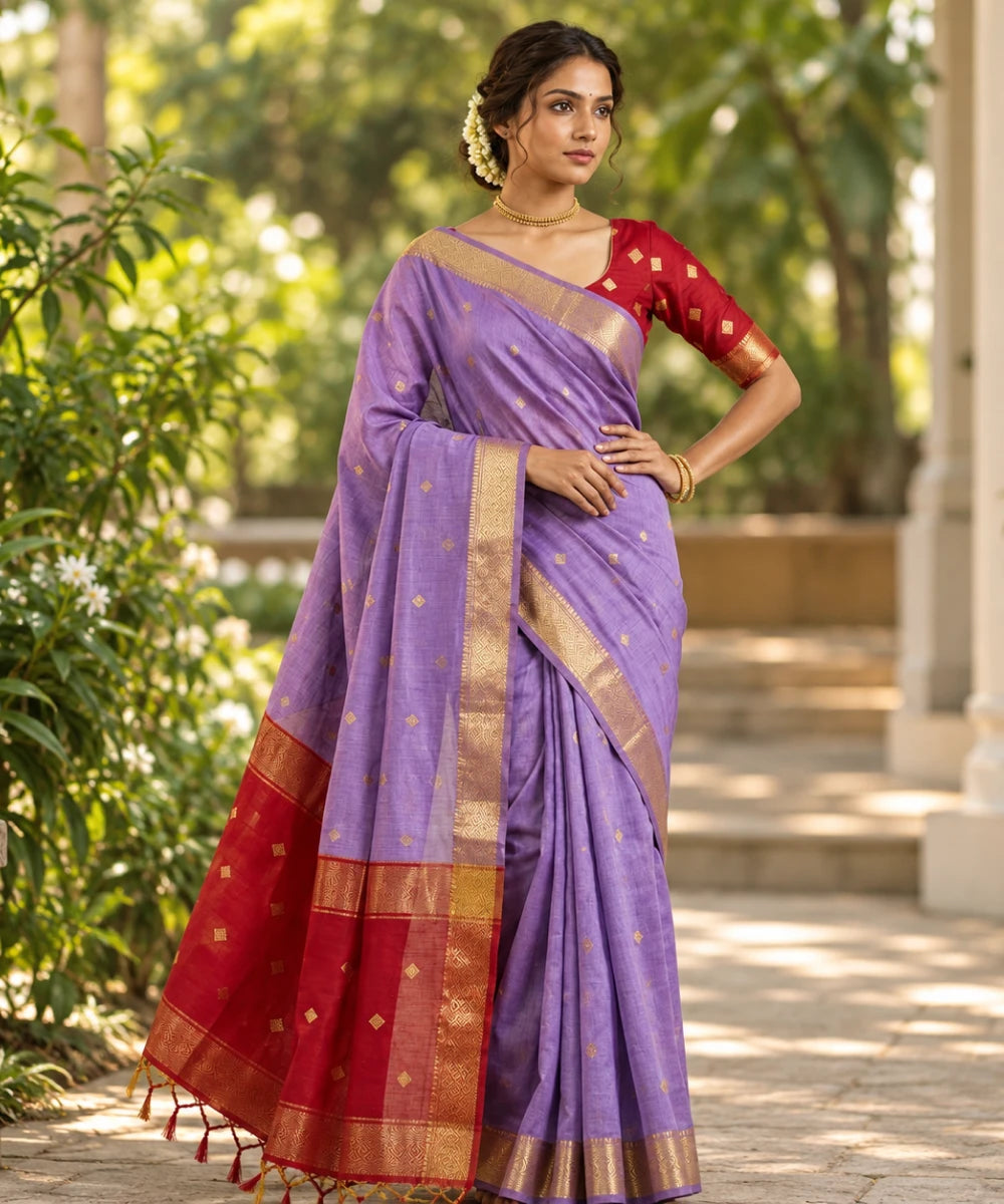Nayanthara Inspired Silk Cotton Saree with Tasar Zari Diamond Border