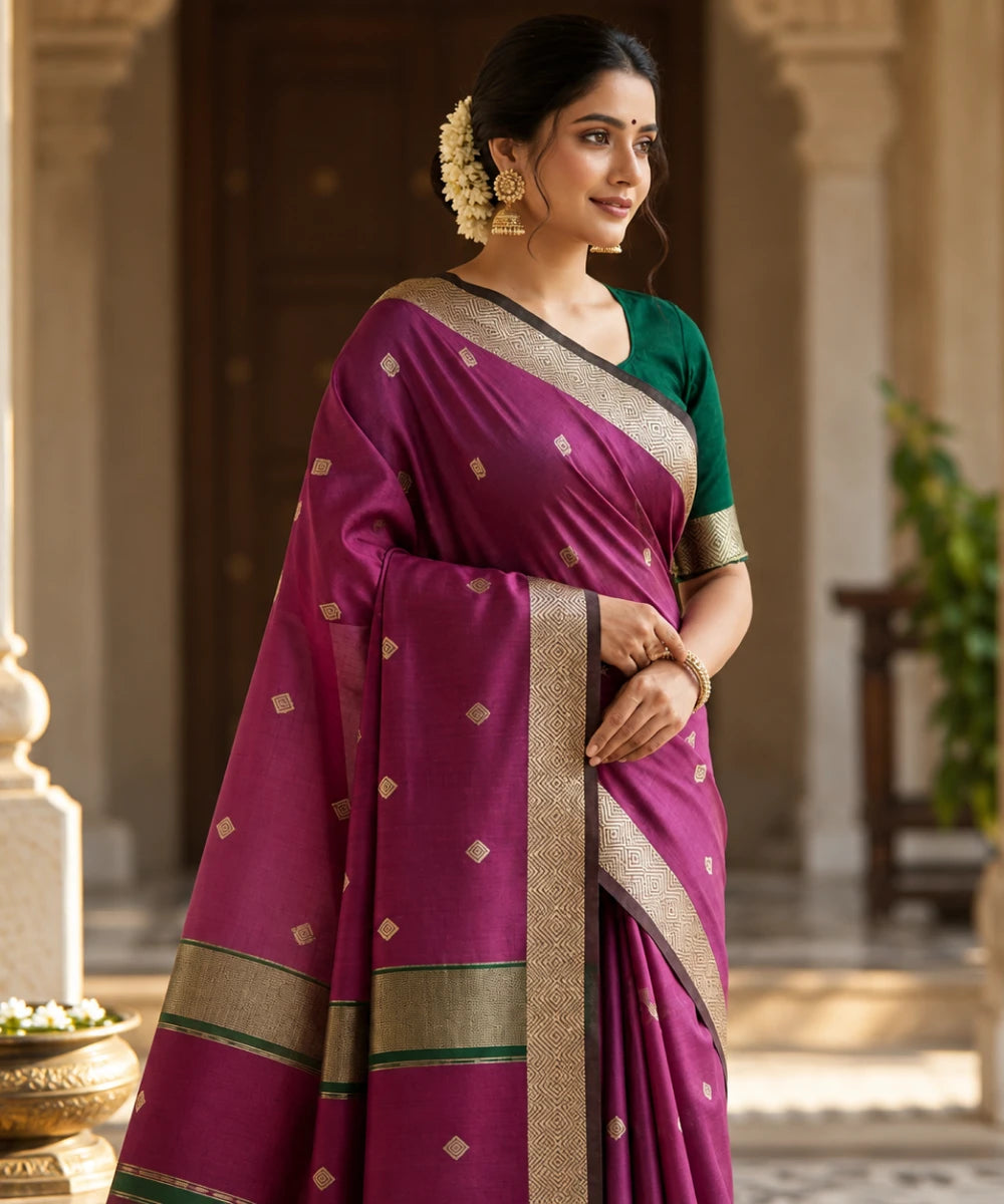 Nayanthara Inspired Silk Cotton Saree with Tasar Zari Diamond Border